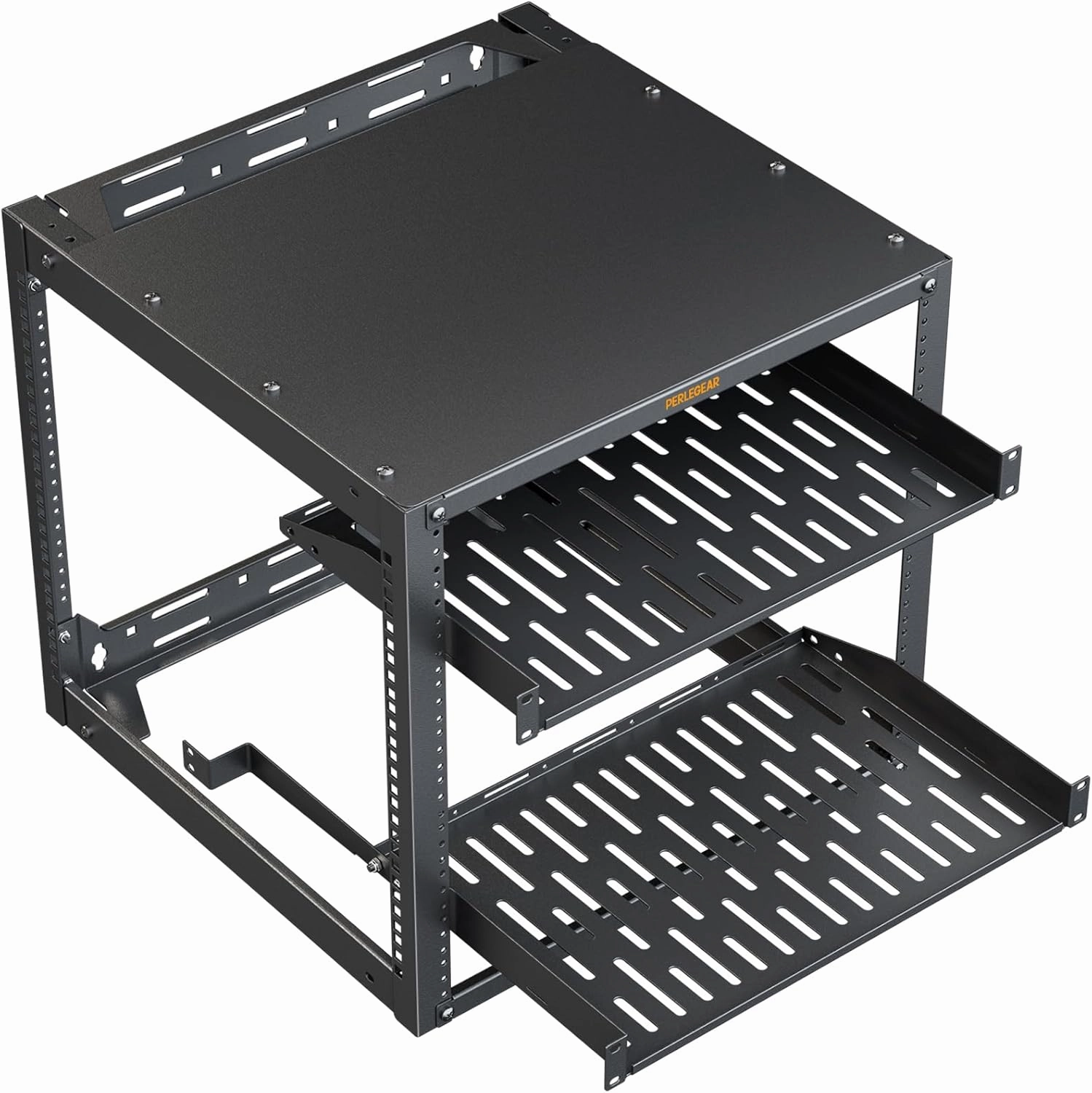 Perlegear 10U Open Frame Network Rack for 19 Servers & AV Gear, Heavy-Duty 4 Post AV Rack with 2x1U Vented Shelves, Floor-Standing or Wall-Mounted Server Computer Rack for Home & Office, PGSER02 audio rack,hi-fi component stand,media shelf,
