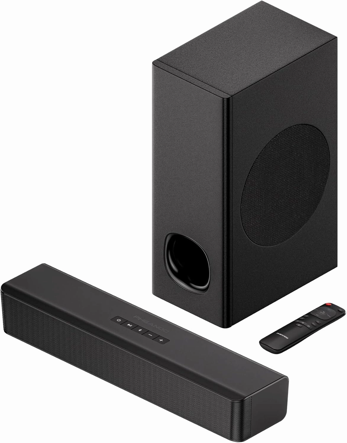 PHEANOO 2.1 Compact Sound Bars for TV with Subwoofer, HDMI ARC/Bluetooth 5.0/Optical/AUX/RCA Connection, Remote Control, Adjustable Bass, Wall Mountable  P15, 140W, 16 inch, Black soundbar,TV speaker bar,home theater soundbar,