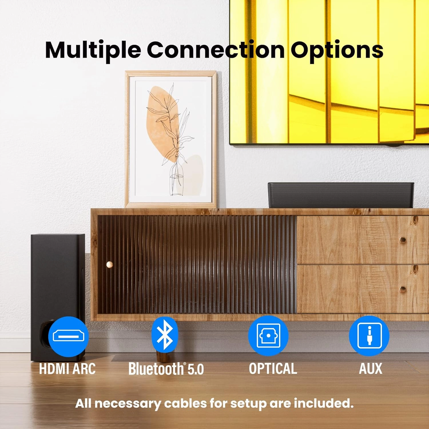 PHEANOO 2.1 Compact Sound Bars for TV with Subwoofer, HDMI ARC/Bluetooth 5.0/Optical/AUX/RCA Connection, Remote Control, Adjustable Bass, Wall Mountable  P15, 140W, 16 inch, Black