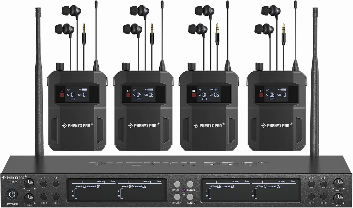 Phenyx Pro Quad-Channel Wireless in Ear Monitor System, Mono IEM System w/ 4 Bodypacks, 4x25 UHF Frequencies, Rack Mount, 164 ft Range, Wireless in Ear Monitor for Bands/Studio (PTM-33-4B) in-ear monitors,hi-fi IEMs,studio earphones,