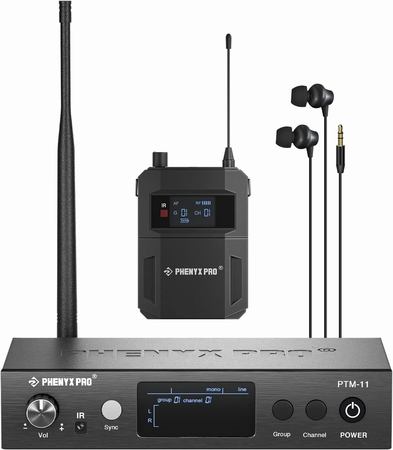 Phenyx Pro UHF Mono Wireless in-Ear Monitor System, Metal Wireless IEM System, Bodypack Receiver, 50 Adjustable Frequencies, Separate Outputs, 164ft Operation, Suitable for Band and Studio (PTM-11) in-ear monitors,hi-fi IEMs,studio earphones,