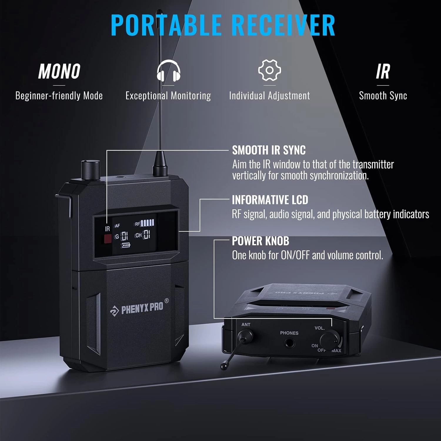 Phenyx Pro UHF Mono Wireless in-Ear Monitor System, Metal Wireless IEM System, Bodypack Receiver, 50 Adjustable Frequencies, Separate Outputs, 164ft Operation, Suitable for Band and Studio (PTM-11)
