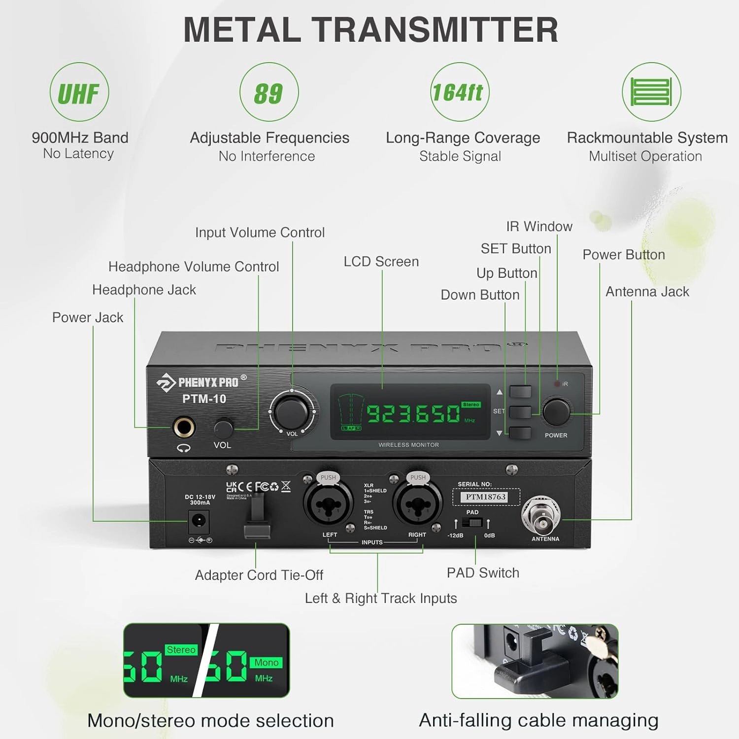 Phenyx Pro Wireless in-Ear Monitor System, Stereo IEM System with Rack Mount Kit, 89 Frequencies, 900MHz UHF Band, 164ft Range, Suitable for Stage & Studio (4 Bodypacks with Transmitter)