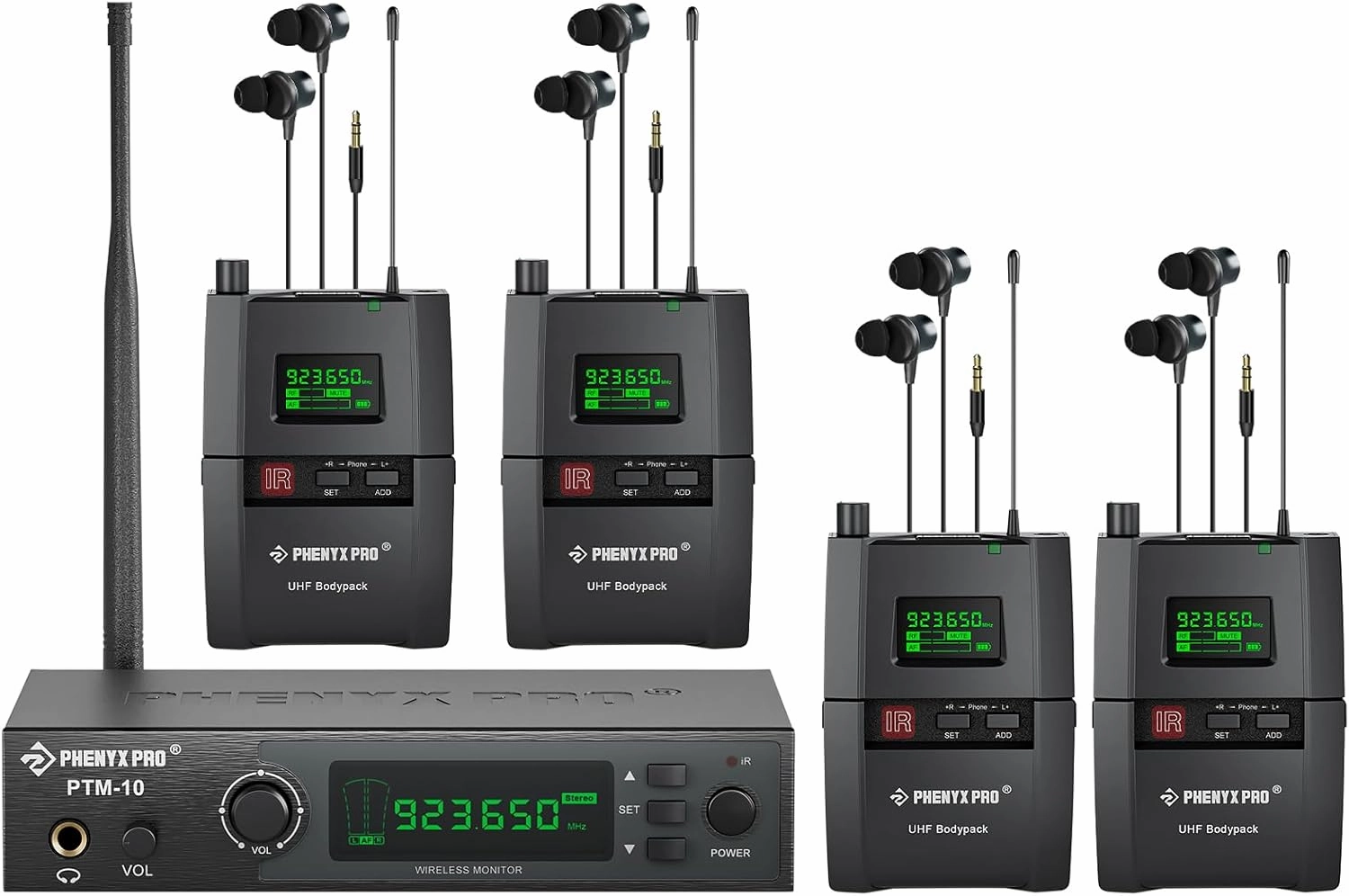 Phenyx Pro Wireless in-Ear Monitor System, Stereo IEM System with Rack Mount Kit, 89 Frequencies, 900MHz UHF Band, 164ft Range, Suitable for Stage & Studio (4 Bodypacks with Transmitter) in-ear monitors,hi-fi IEMs,studio earphones,