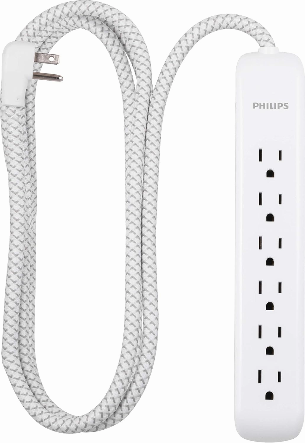 Philips 6 Outlet Power Strip Surge Protector, 6 Ft Power Cord, Designer Braided Extension Cord, Flat Plug, Perfect for Office or Home Dcor, 1080 Joules, White, SPC3054WA/37 power cord,hi-fi power cable,AC power lead,