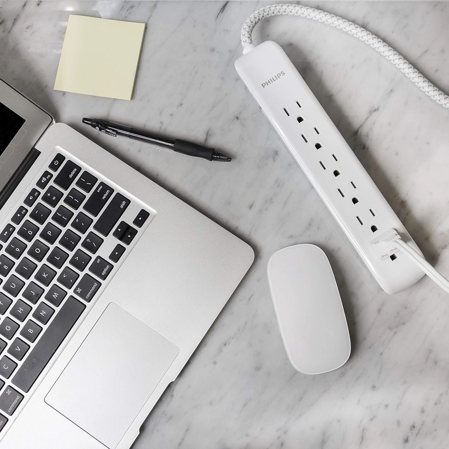 Philips 6 Outlet Power Strip Surge Protector, 6 Ft Power Cord, Designer Braided Extension Cord, Flat Plug, Perfect for Office or Home Dcor, 1080 Joules, White, SPC3054WA/37