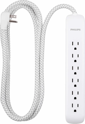 Philips 6 Outlet Power Strip Surge Protector, 6 Ft Power Cord, Designer Braided Extension Cord, Flat Plug, Perfect for Office or Home Dcor, 1080 Joules, White, SPC3054WA/37 power cord,hi-fi power cable,AC power lead,