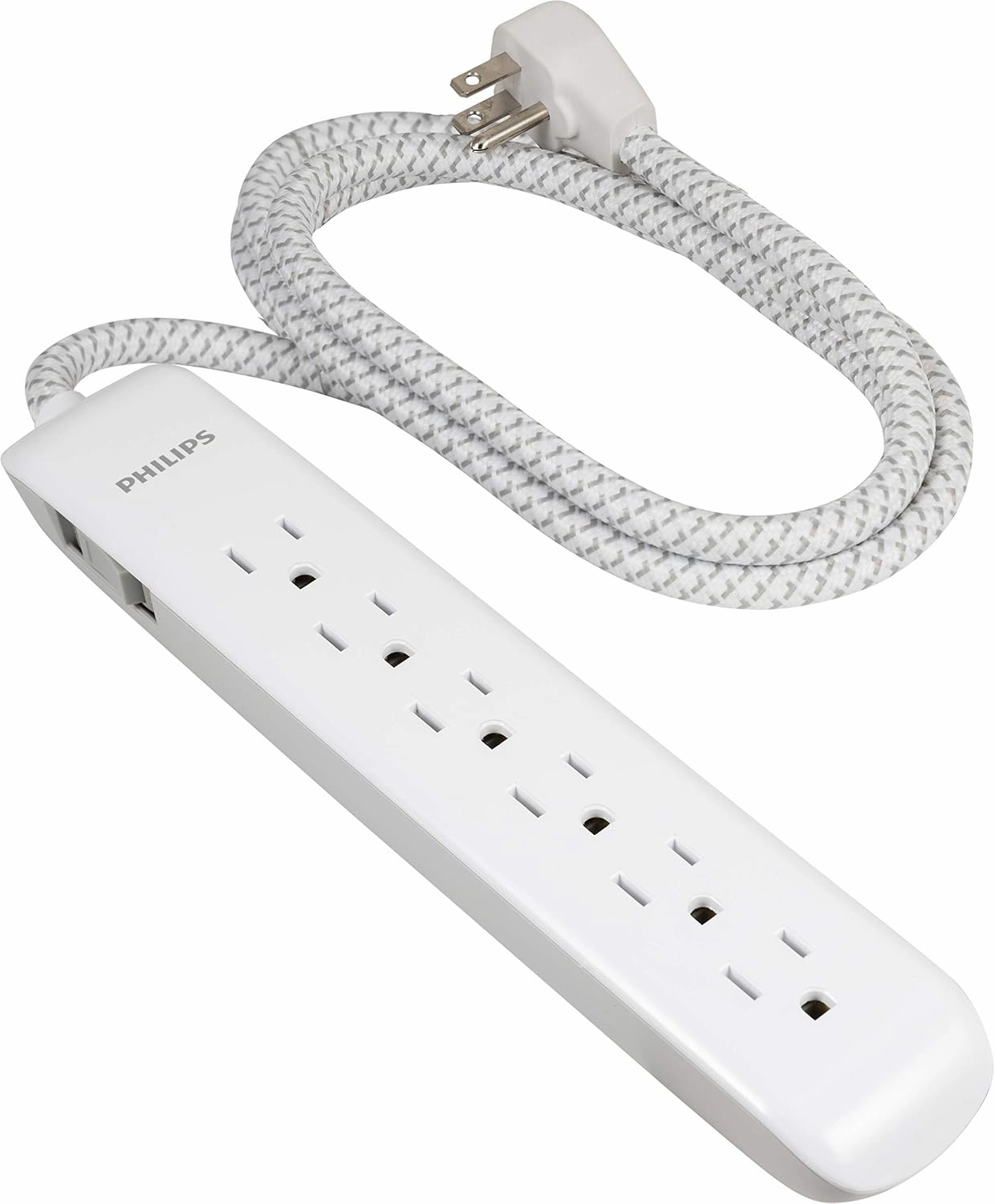 Philips 6 Outlet Power Strip Surge Protector, 6 Ft Power Cord, Designer Braided Extension Cord, Flat Plug, Perfect for Office or Home Dcor, 1080 Joules, White, SPC3054WA/37