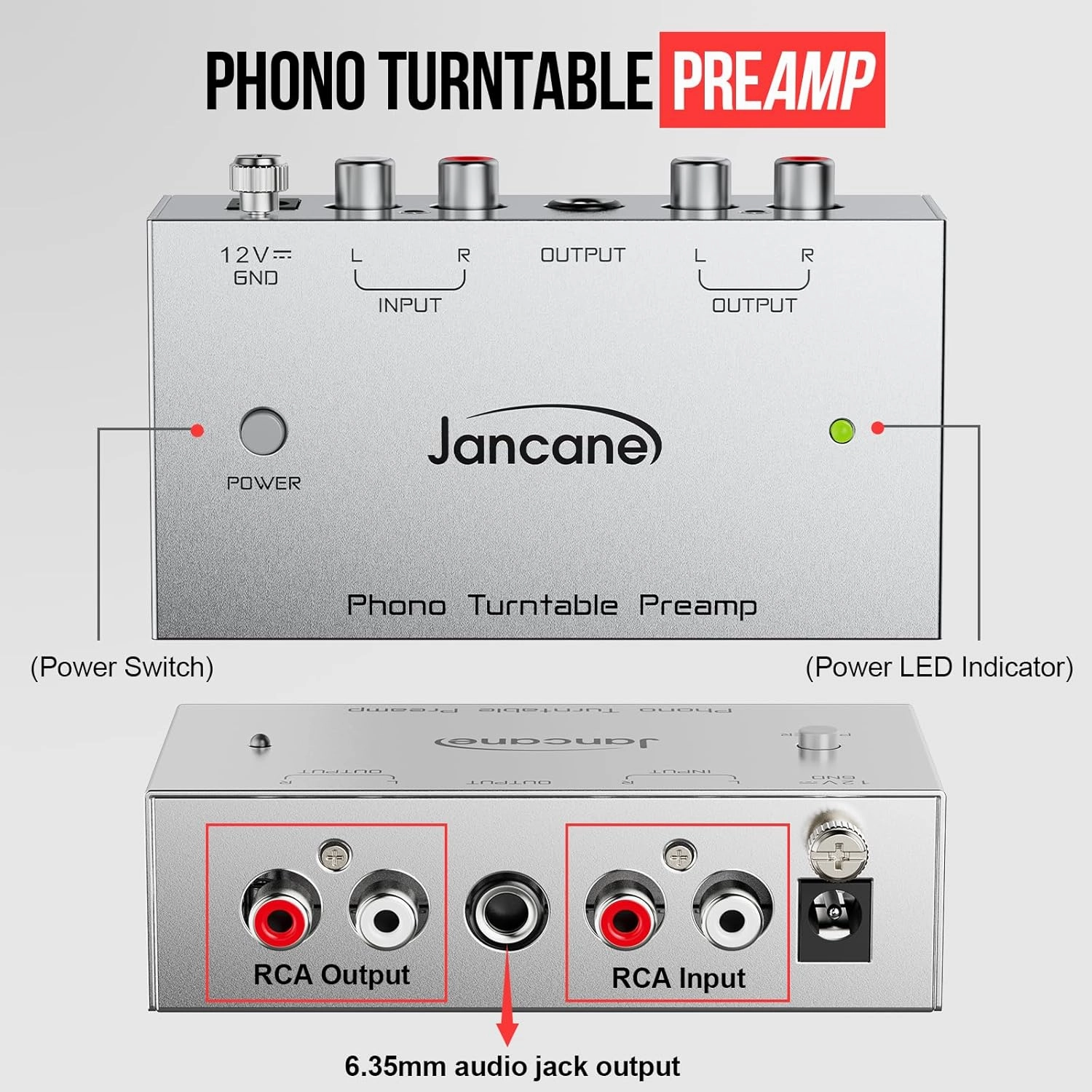 Phono Turntable Preamp, Phono Preamp for Turntable, Record Play, Phonograph Preamplifier with RCA Input, RCA/TRS Output, Phono Preamp with Power Switch and 12 Volt DC Adapter