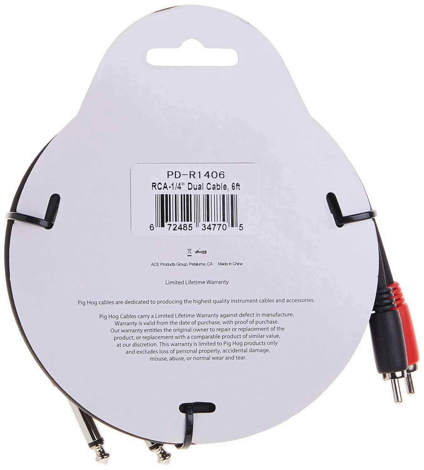 Pig Hog PD-R1406 Dual RCA (Male) to Dual 1/4" Mono (Male) Cable, 6 Feet