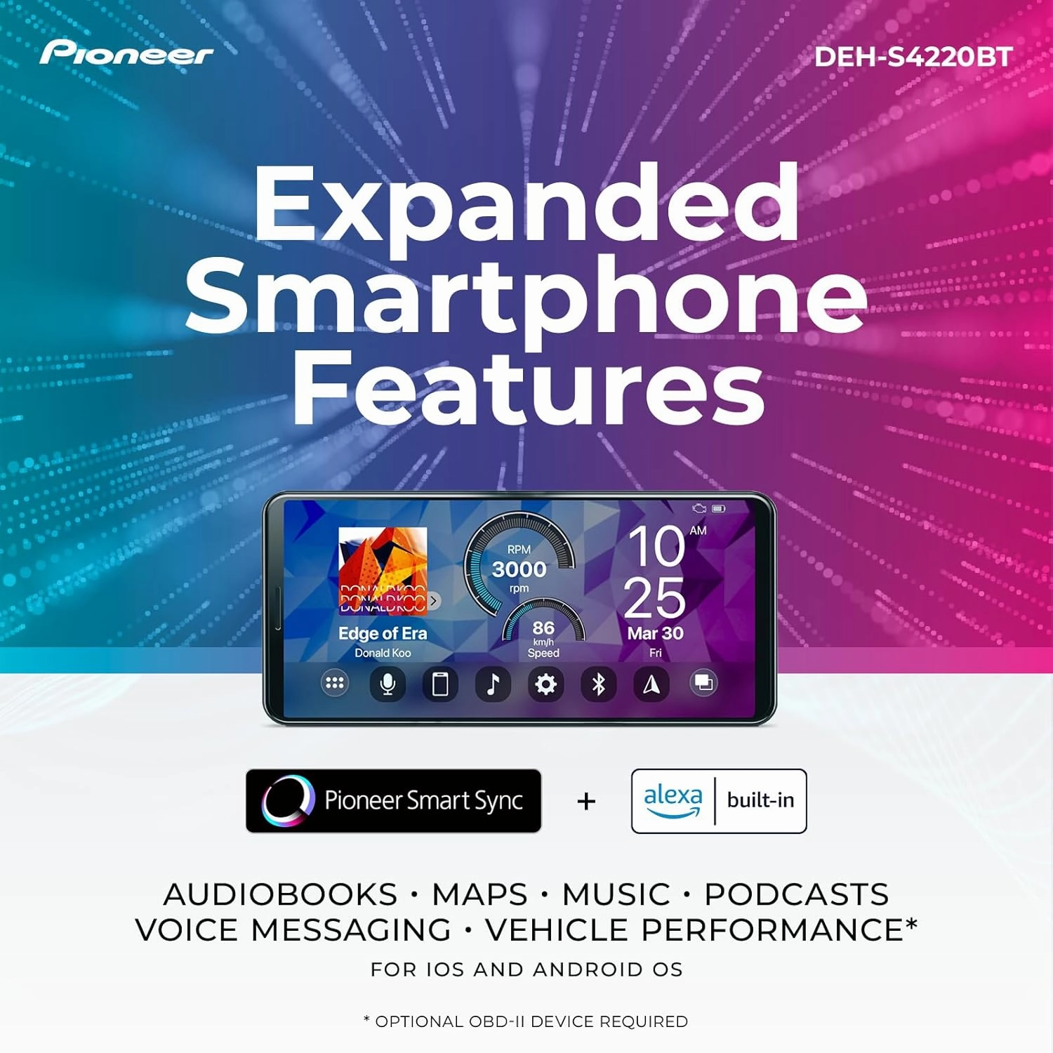 Pioneer DEH-S4220BT Single-Din Bluetooth CD Receiver with USB/AUX Inputs, Pioneer Smart Sync, and Hands-Free Calling for Enhanced in-Car Audio Experience
