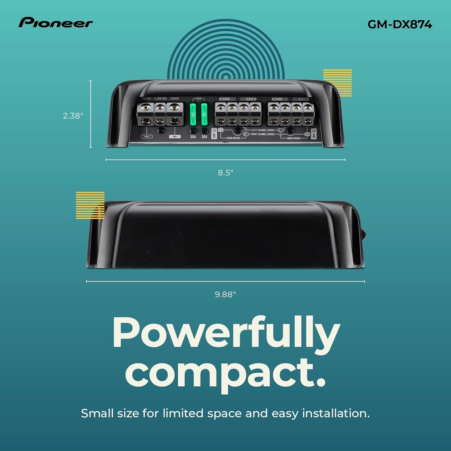 Pioneer GM-DX874 1,200 Watts Class D Powerhouse Amplifier, 4-Channel Amp, Variable Low-Pass Filter, Compact Design, and Remote Bass Boost Control