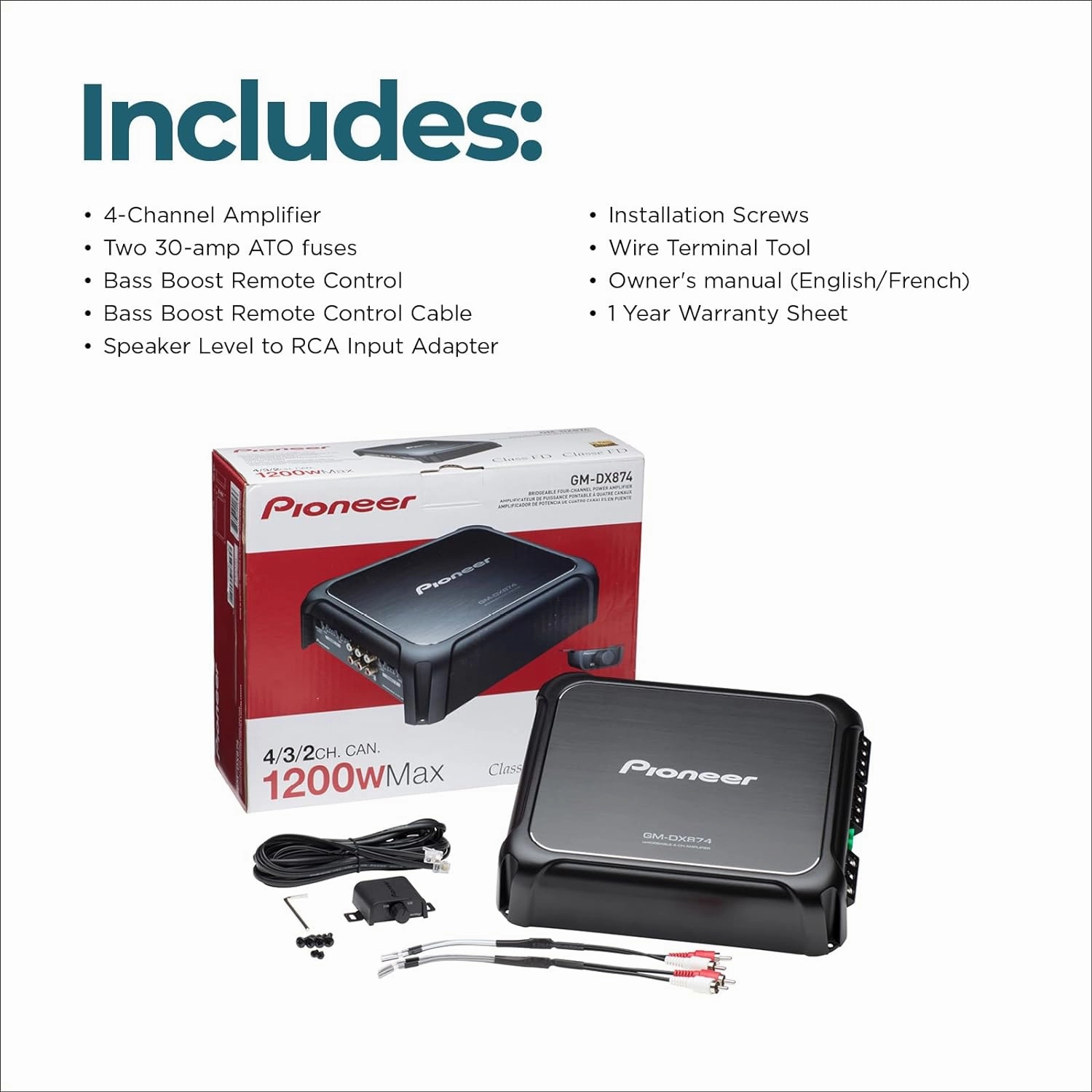 Pioneer GM-DX874 1,200 Watts Class D Powerhouse Amplifier, 4-Channel Amp, Variable Low-Pass Filter, Compact Design, and Remote Bass Boost Control