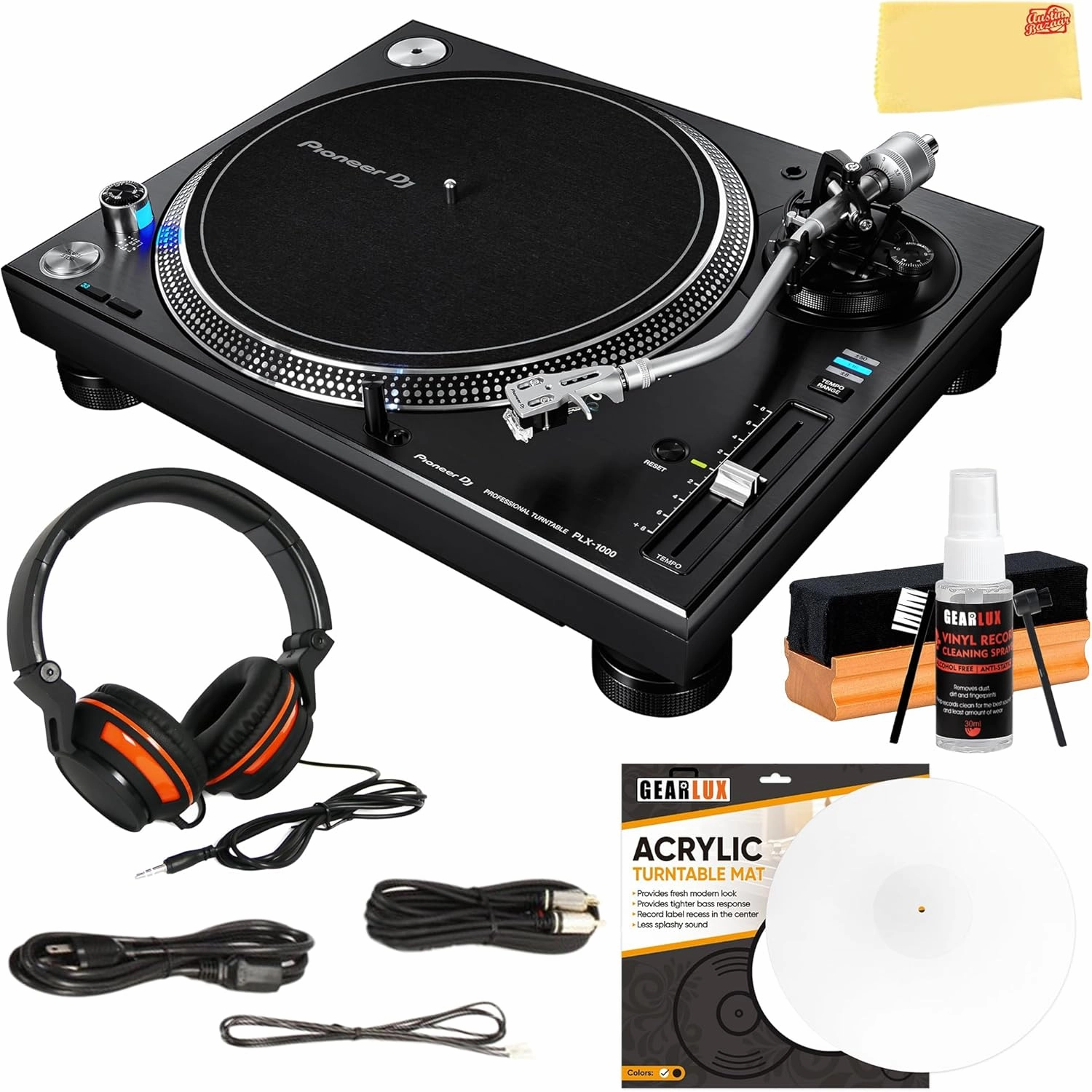 Pioneer PLX-1000 Professional Direct Drive Turntable - Black Bundle with Headphones, Slipmat, Cleaning Kit, and Austin Bazaar Polishing Cloth direct-drive turntable,DJ turntable,hi-torque vinyl deck,