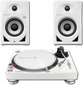 Pioneer PLX-500 Direct Drive Turntable - White with Pioneer DM-40D-W 4-inch Studio Monitors direct-drive turntable,DJ turntable,hi-torque vinyl deck,