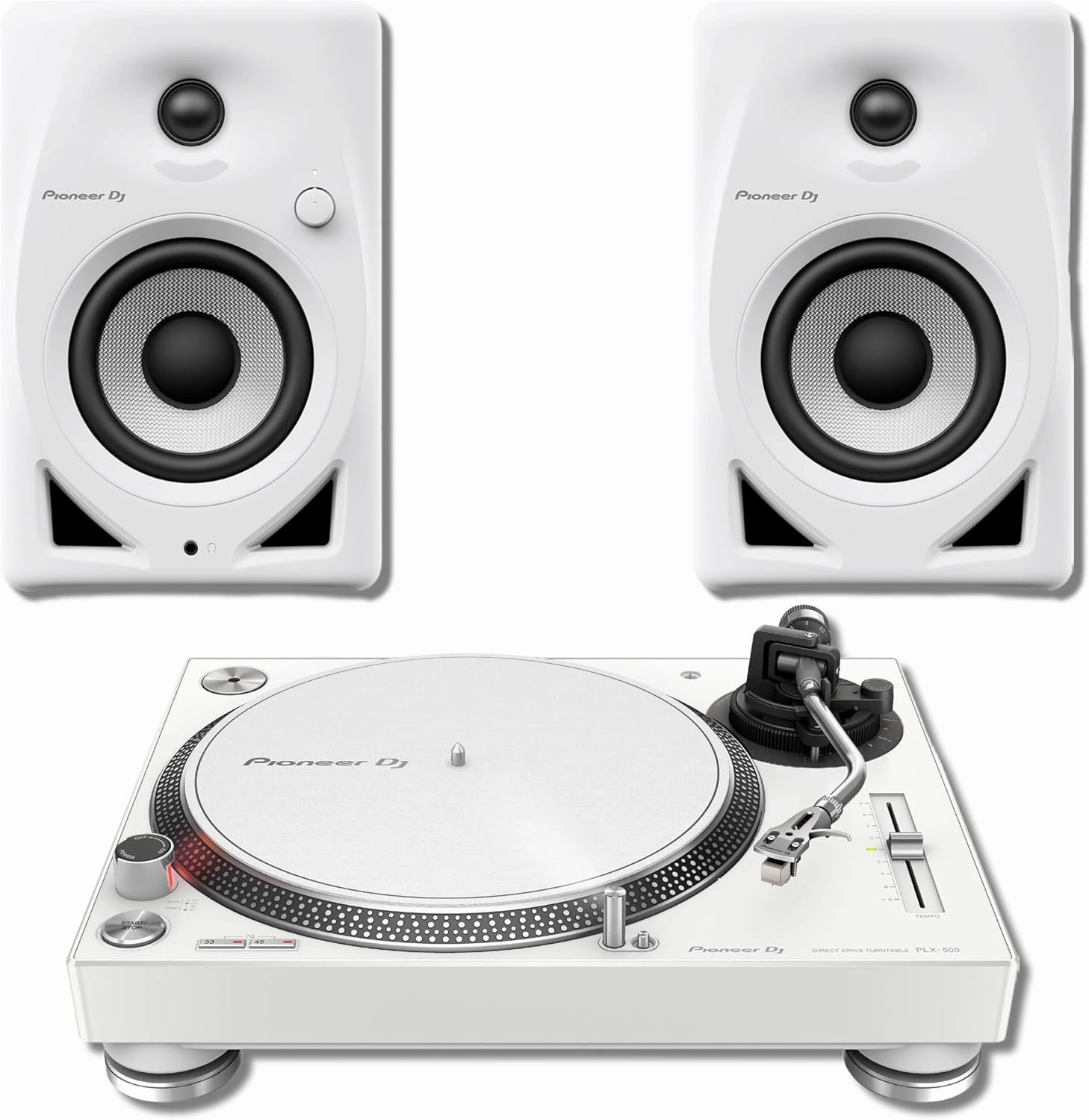 Pioneer PLX-500 Direct Drive Turntable - White with Pioneer DM-40D-W 4-inch Studio Monitors direct-drive turntable,DJ turntable,hi-torque vinyl deck,