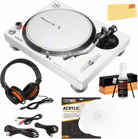 Pioneer PLX-500-W Direct Drive Turntable - White Bundle with Headphones, Slipmat, Cleaning Kit, and Austin Bazaar Polishing Cloth direct-drive turntable,DJ turntable,hi-torque vinyl deck,