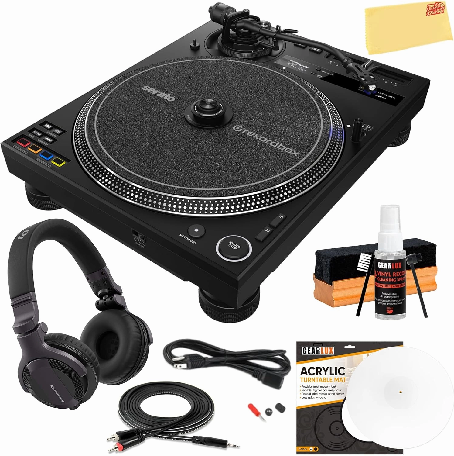 Pioneer PLX-CRSS12 Professional Direct Drive Turntable with DVS Control - Black Bundle with Headphones, TRS-to-RCA Breakout Cable, Slipmat, Cleaning Kit, and Austin Bazaar Polishing Cloth direct-drive turntable,DJ turntable,hi-torque vinyl deck,