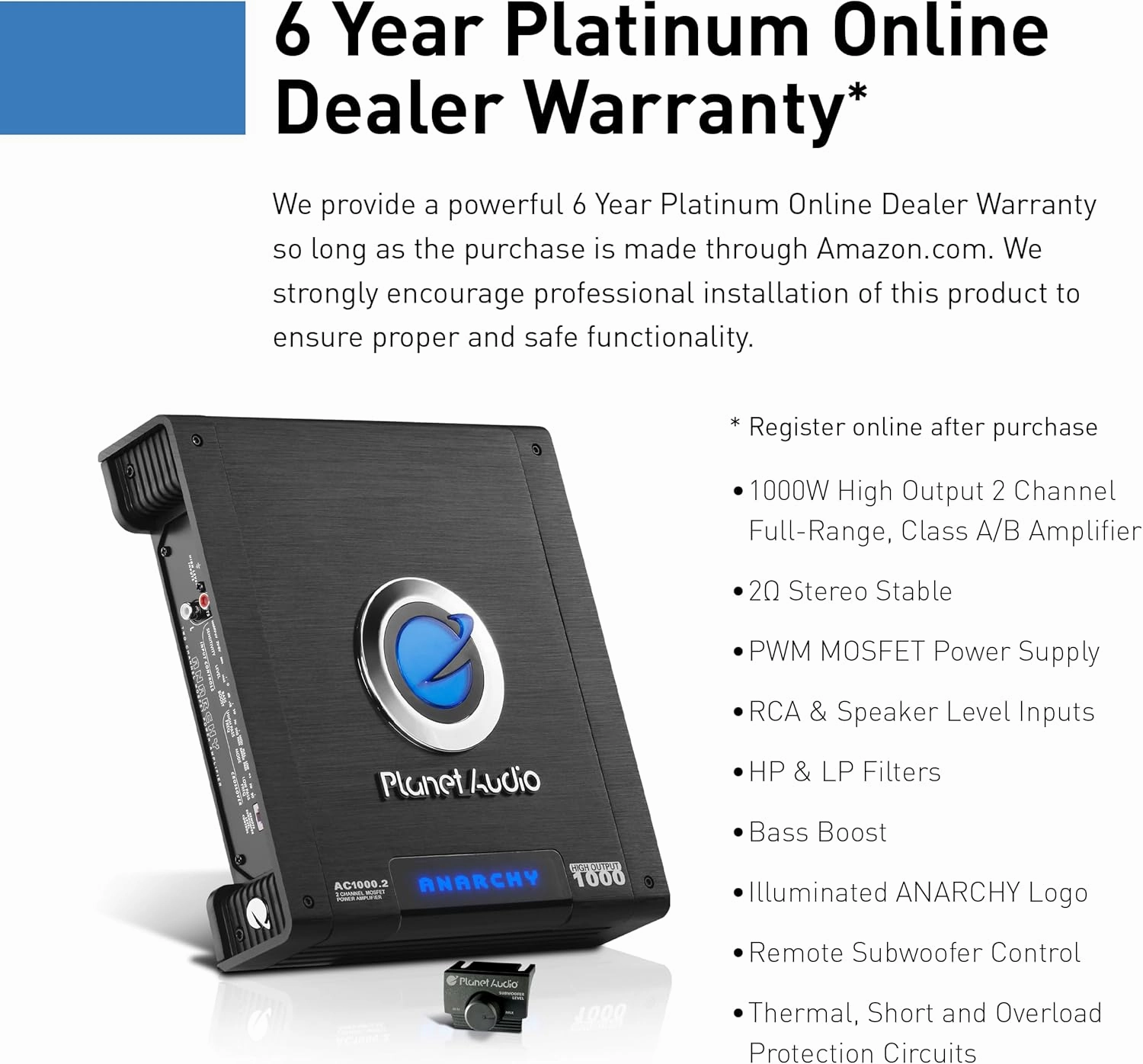 Planet Audio AC1000.2 Anarchy Series 2 Channel Class A/B Car Amplifier - 1000 High Output, 2-4 Ohm, High/Low Level Inputs, High/Low Pass Filter, Full Range, Bridgeable, Hook Up to Subwoofer for Bass