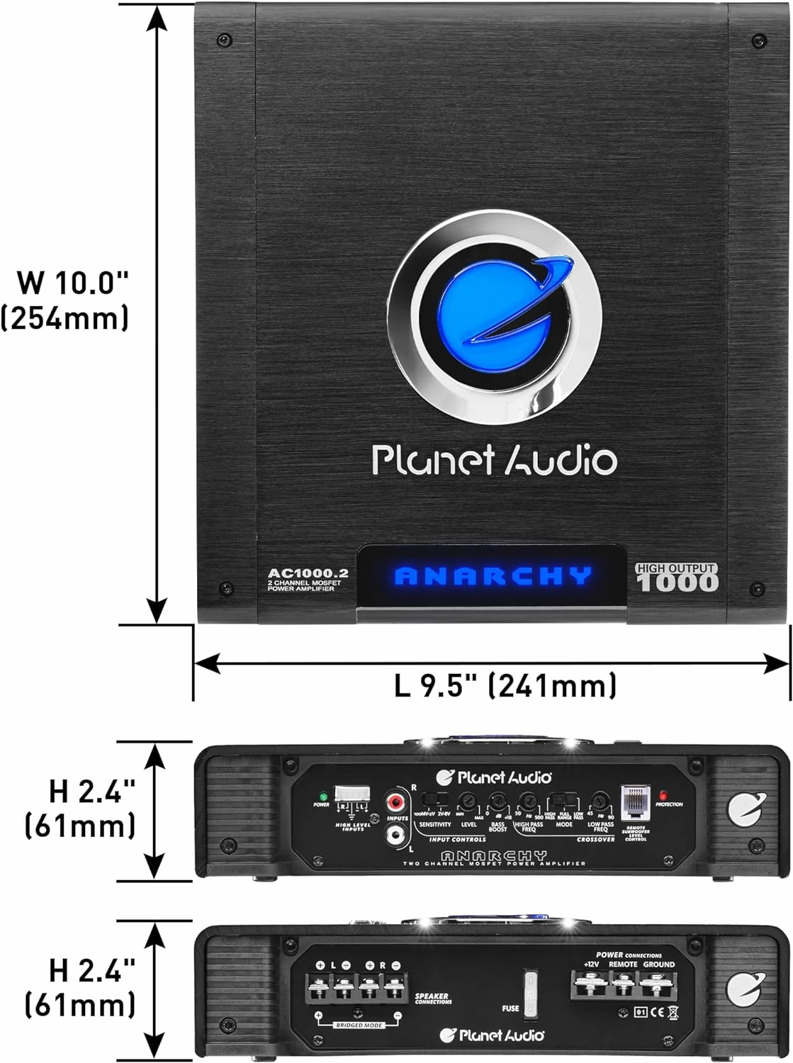 Planet Audio AC1000.2 Anarchy Series 2 Channel Class A/B Car Amplifier - 1000 High Output, 2-4 Ohm, High/Low Level Inputs, High/Low Pass Filter, Full Range, Bridgeable, Hook Up to Subwoofer for Bass