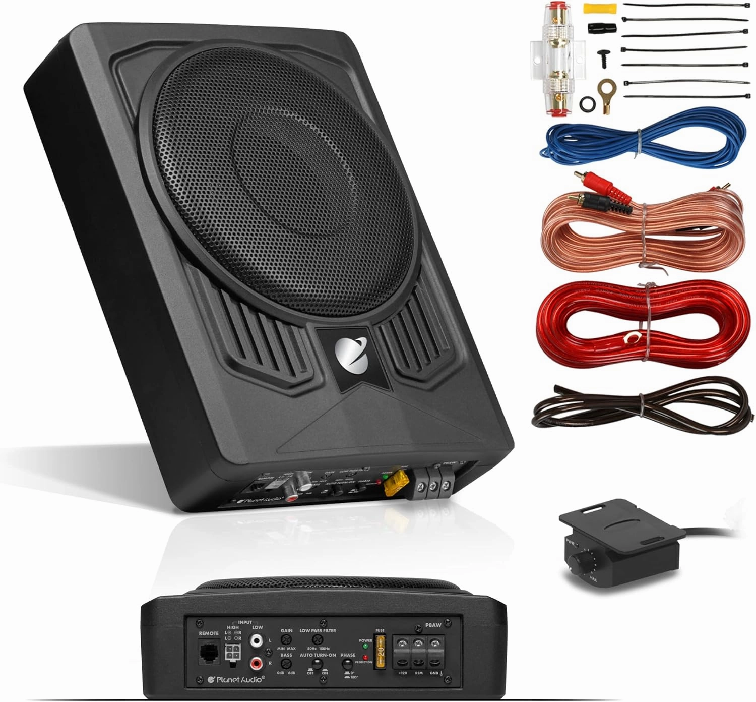 Planet Audio P8AWK Low Profile 8 Inch Under Seat Powered Car Subwoofer - 800 High Output, Built-in Amplifier, for Truck, Boxes and Enclosures, Remote Subwoofer Control audiophile subwoofer,active subwoofer,low frequency speaker,