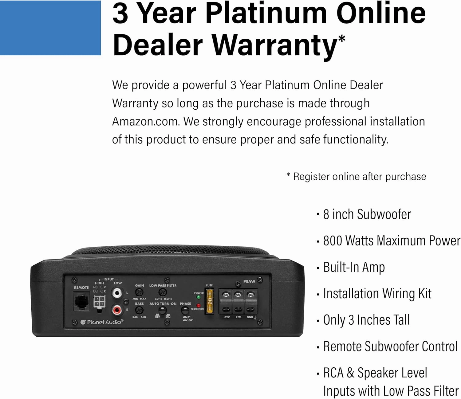 Planet Audio P8AWK Low Profile 8 Inch Under Seat Powered Car Subwoofer - 800 High Output, Built-in Amplifier, for Truck, Boxes and Enclosures, Remote Subwoofer Control