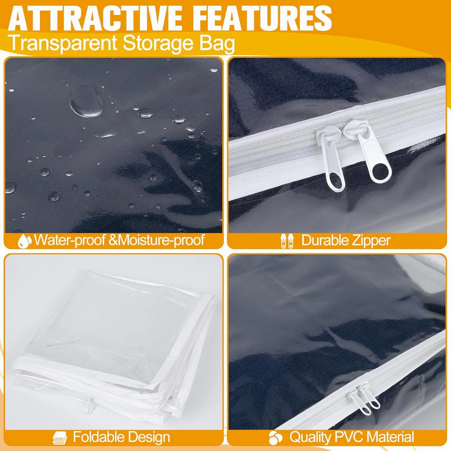 Plastic Storage Bags with Easy-Glide Zipper, Pack of 6, Durable Clear Vinyl Zippered Storage Bags for Clothes Sweaters Comforters Blankets Sheets Bedding (10.5 x 10.5 x 2.5 Inch)