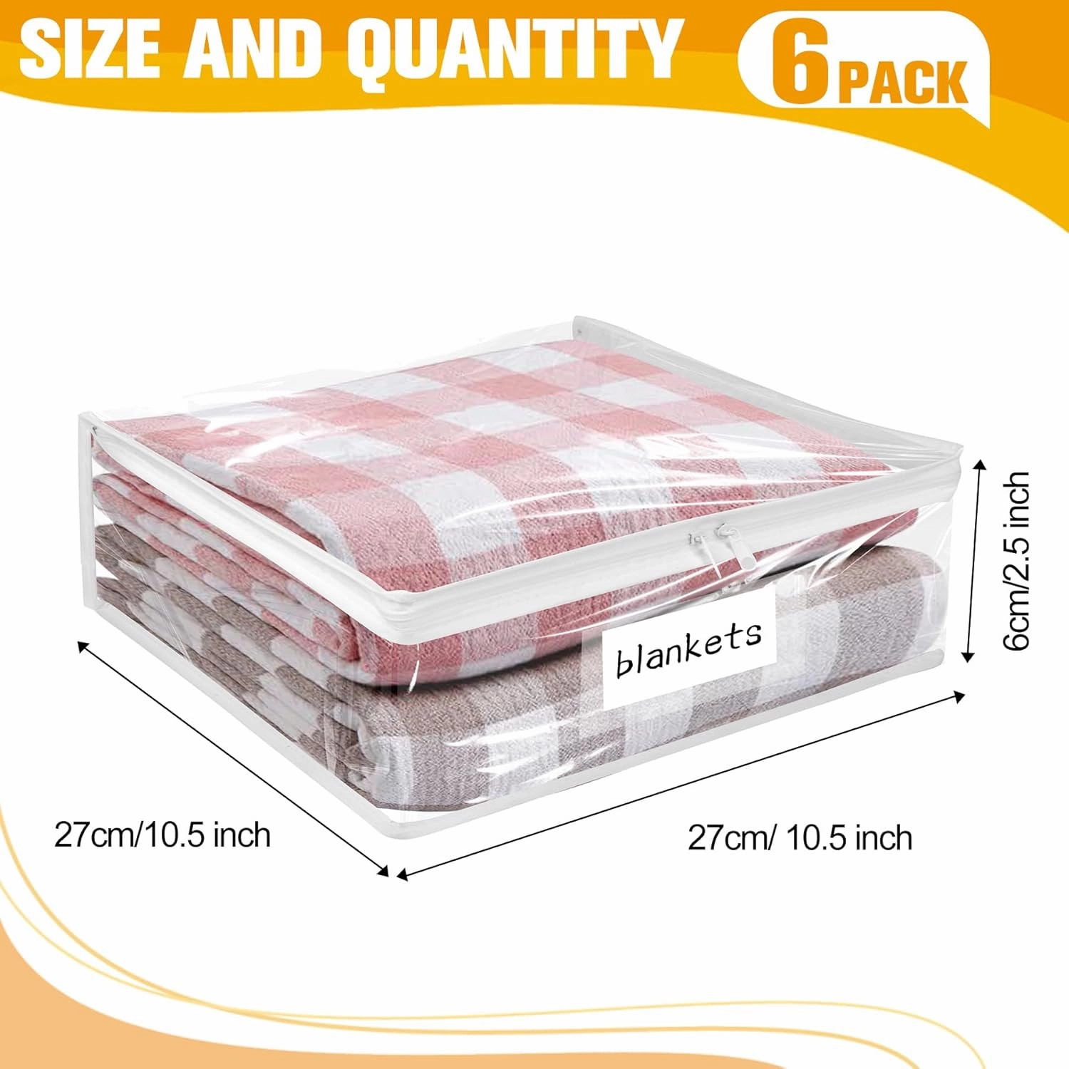 Plastic Storage Bags with Easy-Glide Zipper, Pack of 6, Durable Clear Vinyl Zippered Storage Bags for Clothes Sweaters Comforters Blankets Sheets Bedding (10.5 x 10.5 x 2.5 Inch)