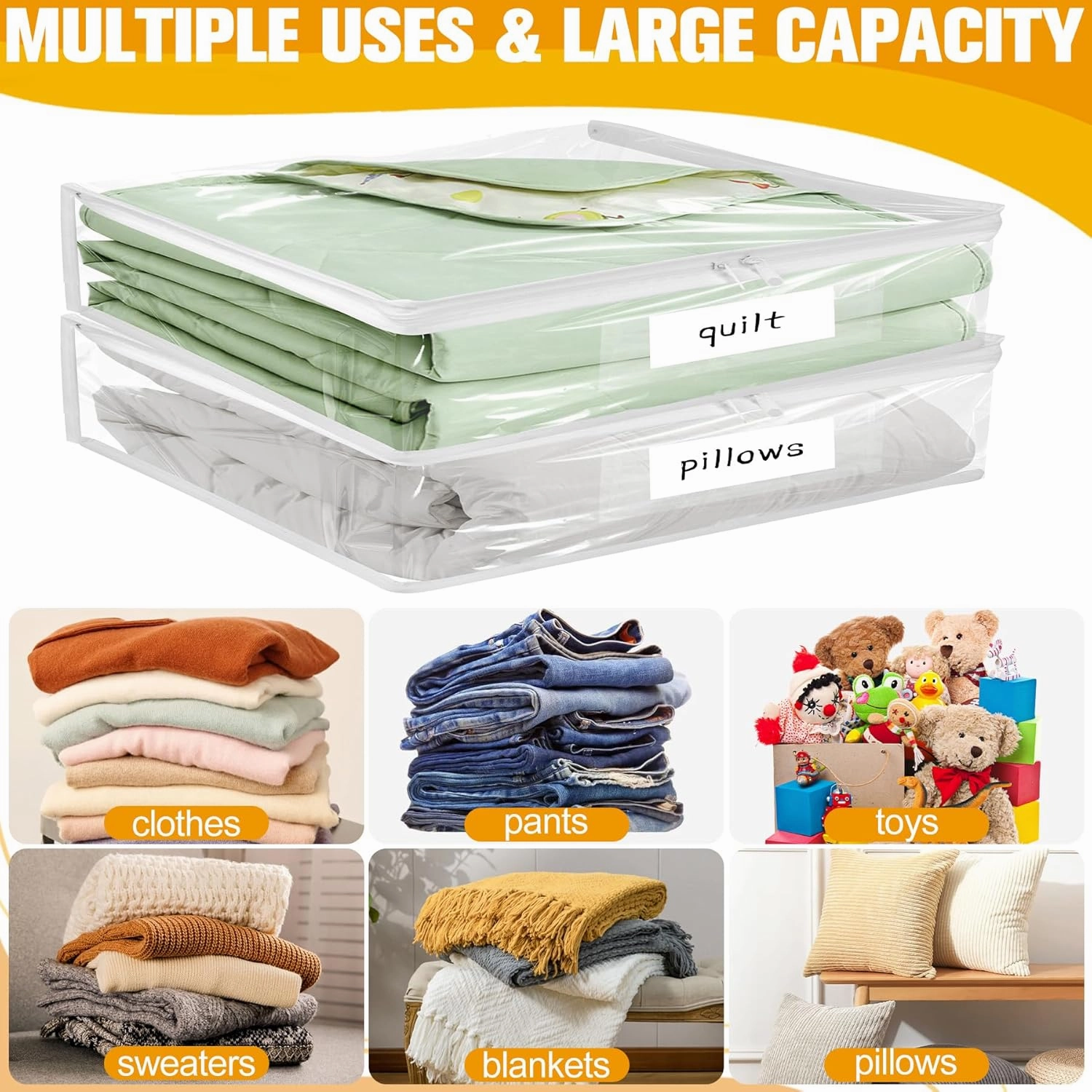 Plastic Storage Bags with Easy-Glide Zipper, Pack of 6, Durable Clear Vinyl Zippered Storage Bags for Clothes Sweaters Comforters Blankets Sheets Bedding (10.5 x 10.5 x 2.5 Inch)