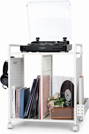 PLKOW Record Player Stand Audio-Video Organizer Rack, Rolling Media Stand for Vinyl Display, AV Components, Game Discs, Controllers & Headphones (White) audio rack,hi-fi component stand,media shelf,