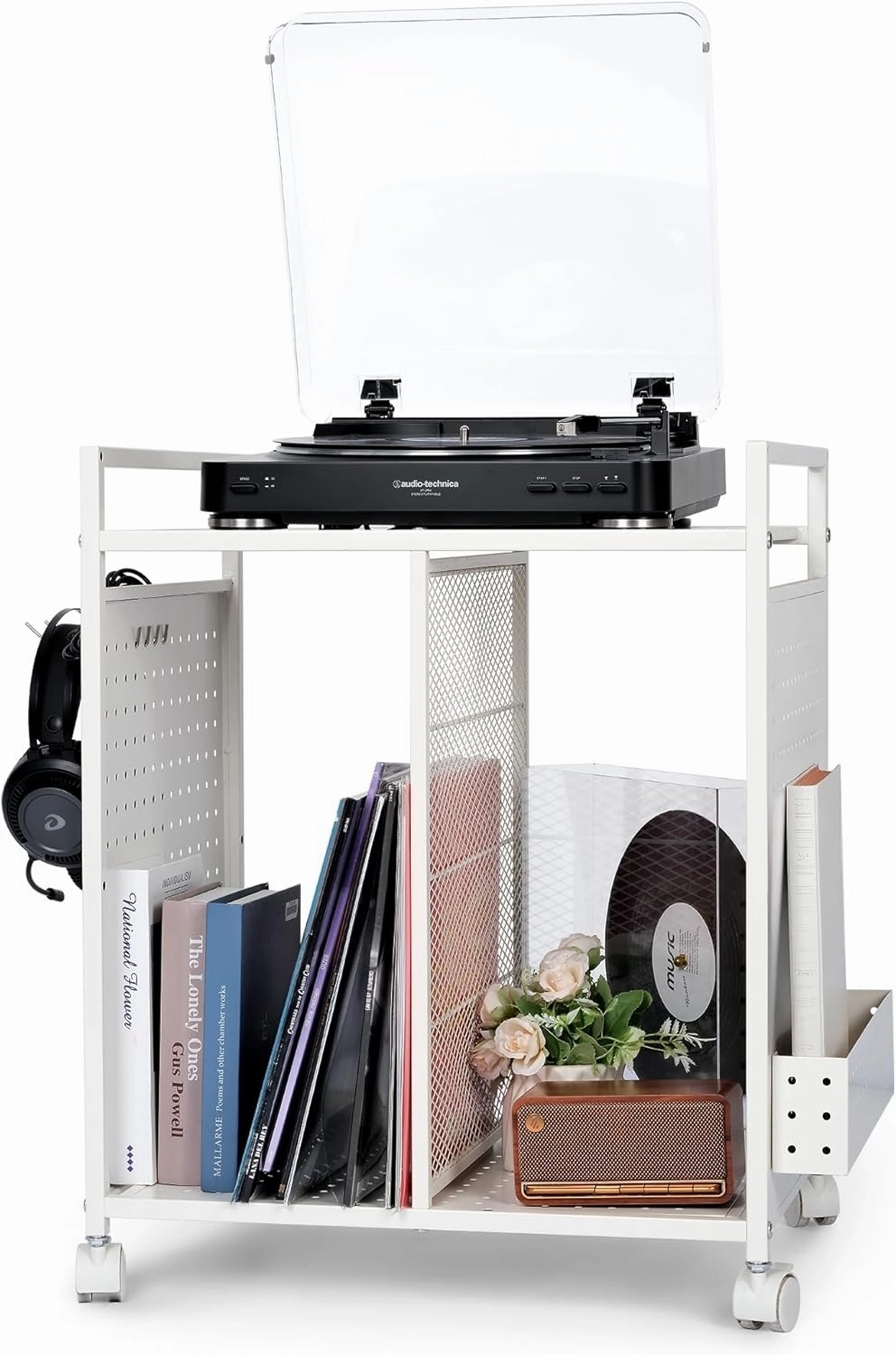 PLKOW Record Player Stand Audio-Video Organizer Rack, Rolling Media Stand for Vinyl Display, AV Components, Game Discs, Controllers & Headphones (White) audio rack,hi-fi component stand,media shelf,