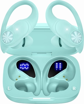 PocBuds Bluetooth Headphones Wireless Earbuds 80hrs Playtime Wireless Charging Case Digital Display Sport Ear buds with Earhook Deep Bass IPX7 Waterproof Over-Ear Earphones for Phone Laptop Mint Green over-ear headphones,closed back headphones,wireless stu