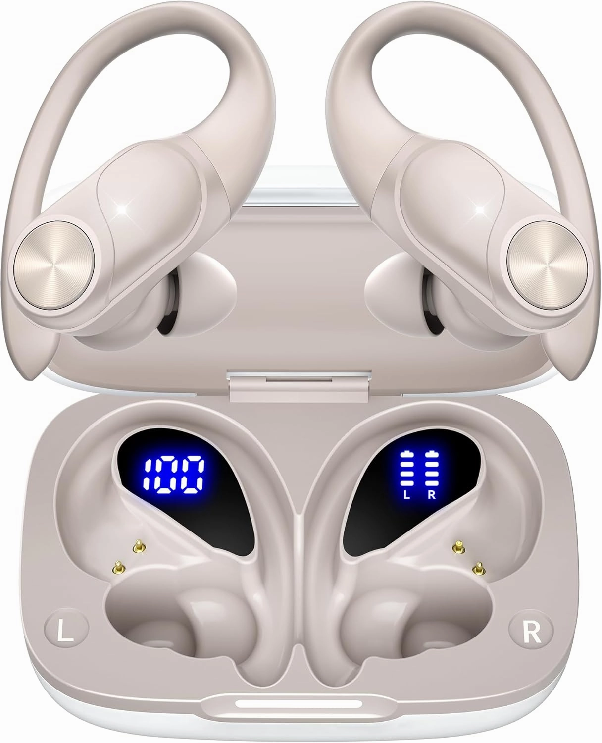 PocBuds Bluetooth Headphones Wireless Earbuds 80hrs Playtime Wireless Charging Case Digital Display Sport Ear buds with Earhook Deep Bass IPX7 Waterproof Over-Ear Earphones for Phone Laptop Pearl Gray over-ear headphones,closed back headphones,wireless stu