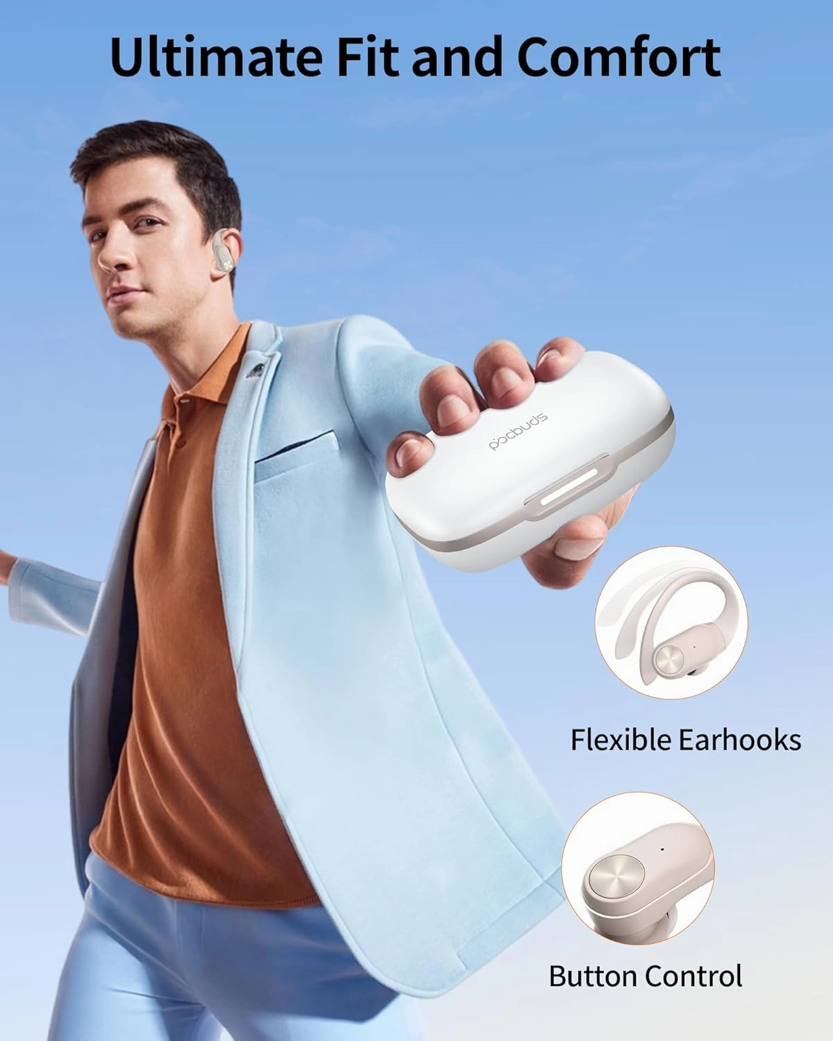 PocBuds Bluetooth Headphones Wireless Earbuds 80hrs Playtime Wireless Charging Case Digital Display Sport Ear buds with Earhook Deep Bass IPX7 Waterproof Over-Ear Earphones for Phone Laptop Pearl Gray