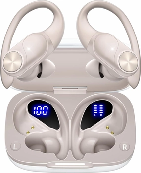 PocBuds Bluetooth Headphones Wireless Earbuds 80hrs Playtime Wireless Charging Case Digital Display Sport Ear buds with Earhook Deep Bass IPX7 Waterproof Over-Ear Earphones for Phone Laptop Pearl Gray over-ear headphones,closed back headphones,wireless stu