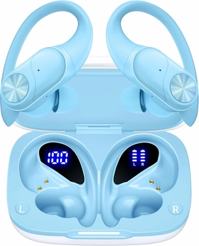 PocBuds Bluetooth Headphones Wireless Earbuds 80hrs Playtime Wireless Charging Case Digital Display Sports Ear Buds with Earhook Deep Bass IPX7 Waterproof Over-Ear Earphones for TV Phone Laptop Blue over-ear headphones,closed back headphones,wireless studi