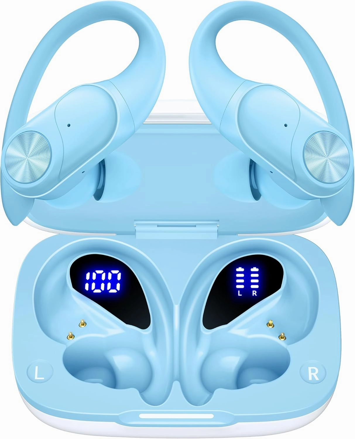 PocBuds Bluetooth Headphones Wireless Earbuds 80hrs Playtime Wireless Charging Case Digital Display Sports Ear Buds with Earhook Deep Bass IPX7 Waterproof Over-Ear Earphones for TV Phone Laptop Blue over-ear headphones,closed back headphones,wireless studi