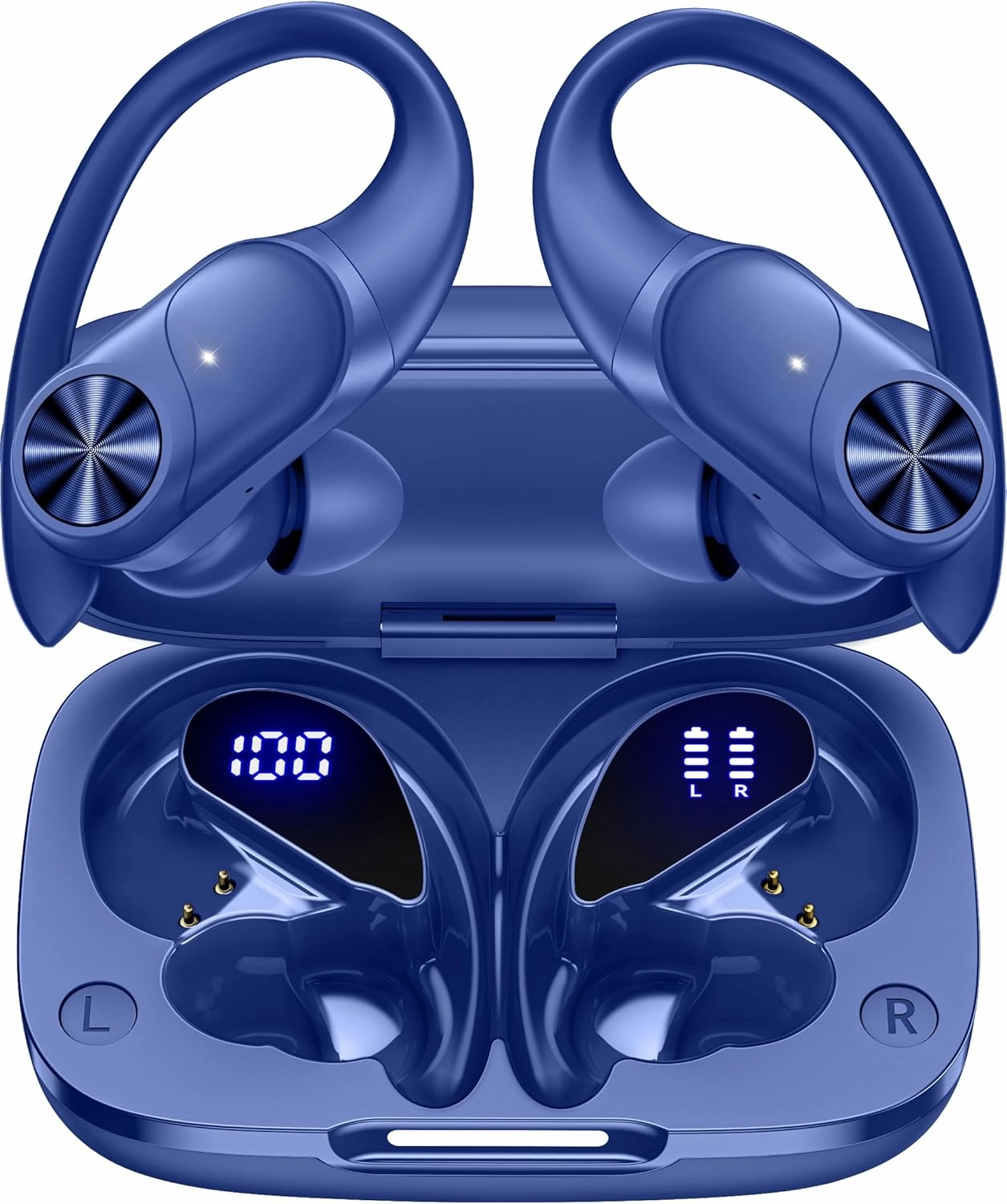 PocBuds Bluetooth Headphones Wireless Earbuds 80hrs Playtime Wireless Charging Case Digital Display Sports Ear Buds with Earhook Deep Bass IPX7 Waterproof Over-Ear Earphones for TV Phone Laptop Navy over-ear headphones,closed back headphones,wireless studi