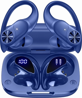 PocBuds Bluetooth Headphones Wireless Earbuds 80hrs Playtime Wireless Charging Case Digital Display Sports Ear Buds with Earhook Deep Bass IPX7 Waterproof Over-Ear Earphones for TV Phone Laptop Navy over-ear headphones,closed back headphones,wireless studi