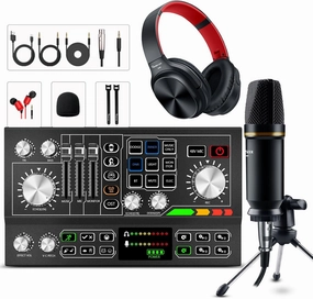 Podcast Equipment Bundle Aluminum Alloy Panel with Studio Condenser Microphone Sound DJ Mixer Broadcast Audio Interface DIY Sound Effect For PC Laptop Phone,Streaming Recording, Black audio interface,USB interface,music recording input,