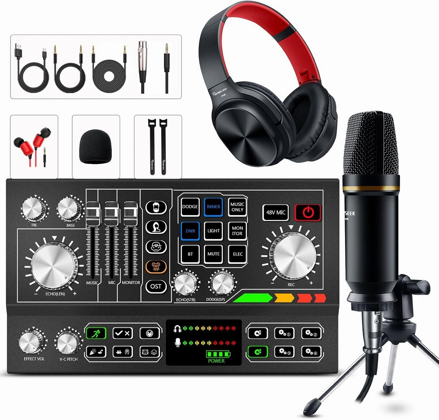 Podcast Equipment Bundle Aluminum Alloy Panel with Studio Condenser Microphone Sound DJ Mixer Broadcast Audio Interface DIY Sound Effect For PC Laptop Phone,Streaming Recording, Black audio interface,USB interface,music recording input,