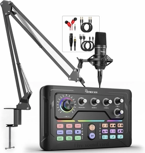 Podcast Equipment Bundle, Audio Interface with DJ Mixer and Condenser Microphone for PC/Laptop/Phone, Streaming/Recording/Podcasting audio interface,USB interface,music recording input,