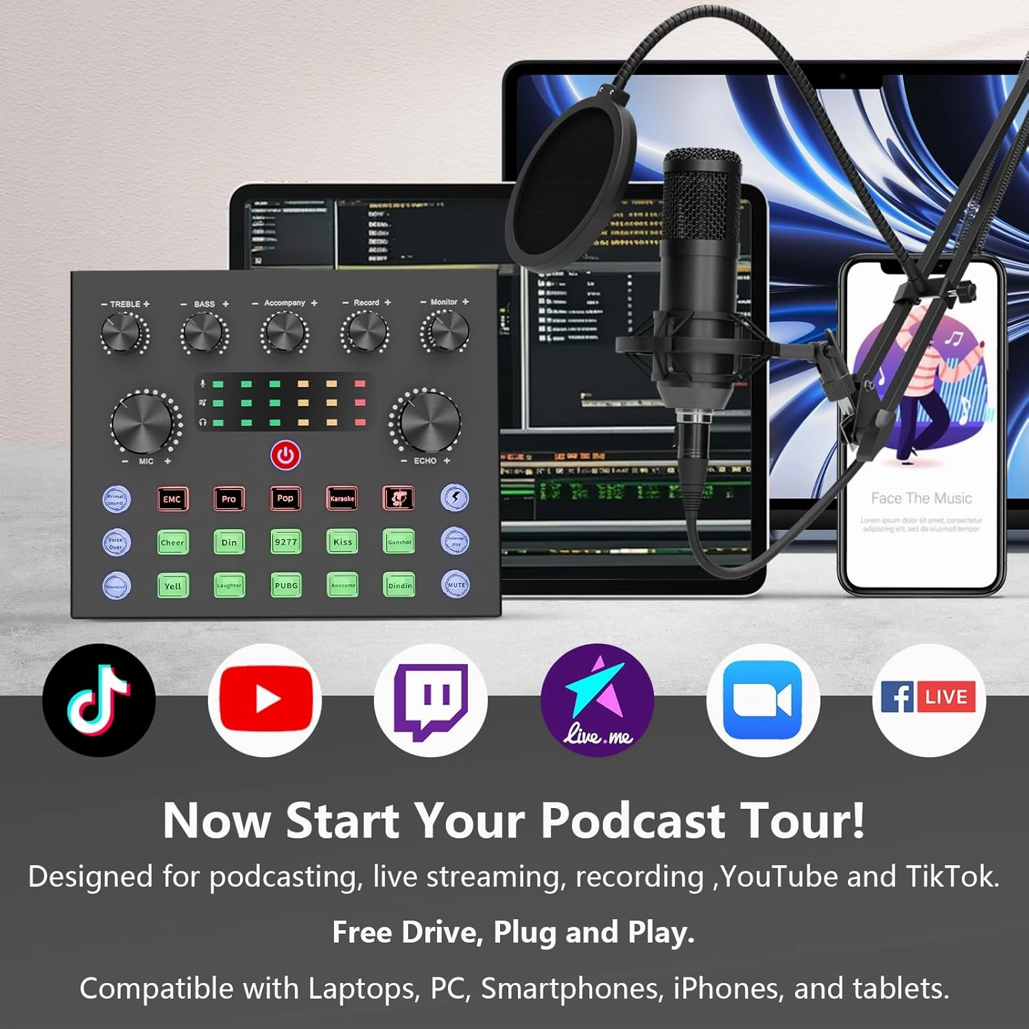 Podcast Equipment Bundle, Audio Mixer with Voice Changer and Studio Condenser Microphone for Live Streaming,Podcast Recording,PC,Laptop,Phone TikTok