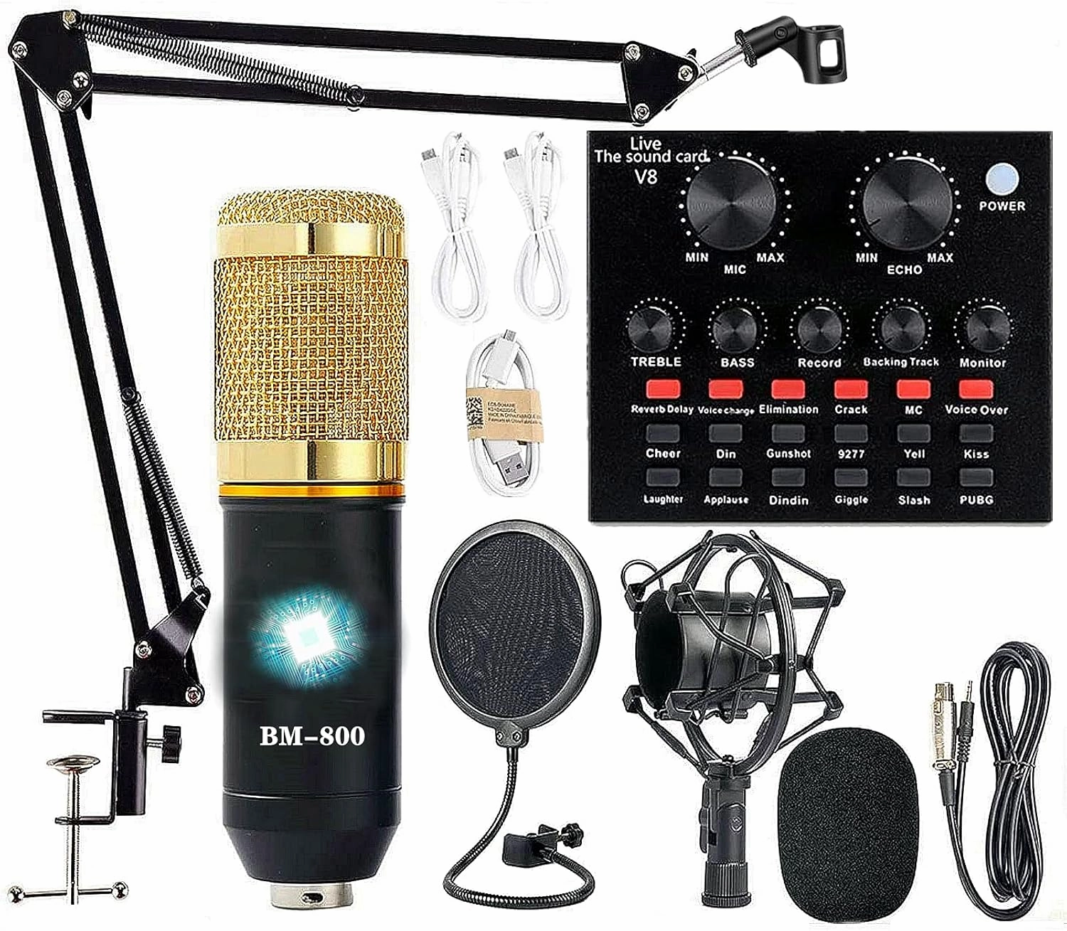 Podcast Equipment Bundle, BM-800 Recording Studio Package with Voice Changer, Live Sound Card - Audio Interface for Laptop Computer Vlog Living Broadcast Live Streaming YouTube TikTok (AM100-V8) studio monitors,nearfield speakers,mixing reference monitors,