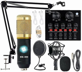 Podcast Equipment Bundle, BM-800 Recording Studio Package with Voice Changer, Live Sound Card - Audio Interface for Laptop Computer Vlog Living Broadcast Live Streaming YouTube TikTok (AM100-V8) studio monitors,nearfield speakers,mixing reference monitors,