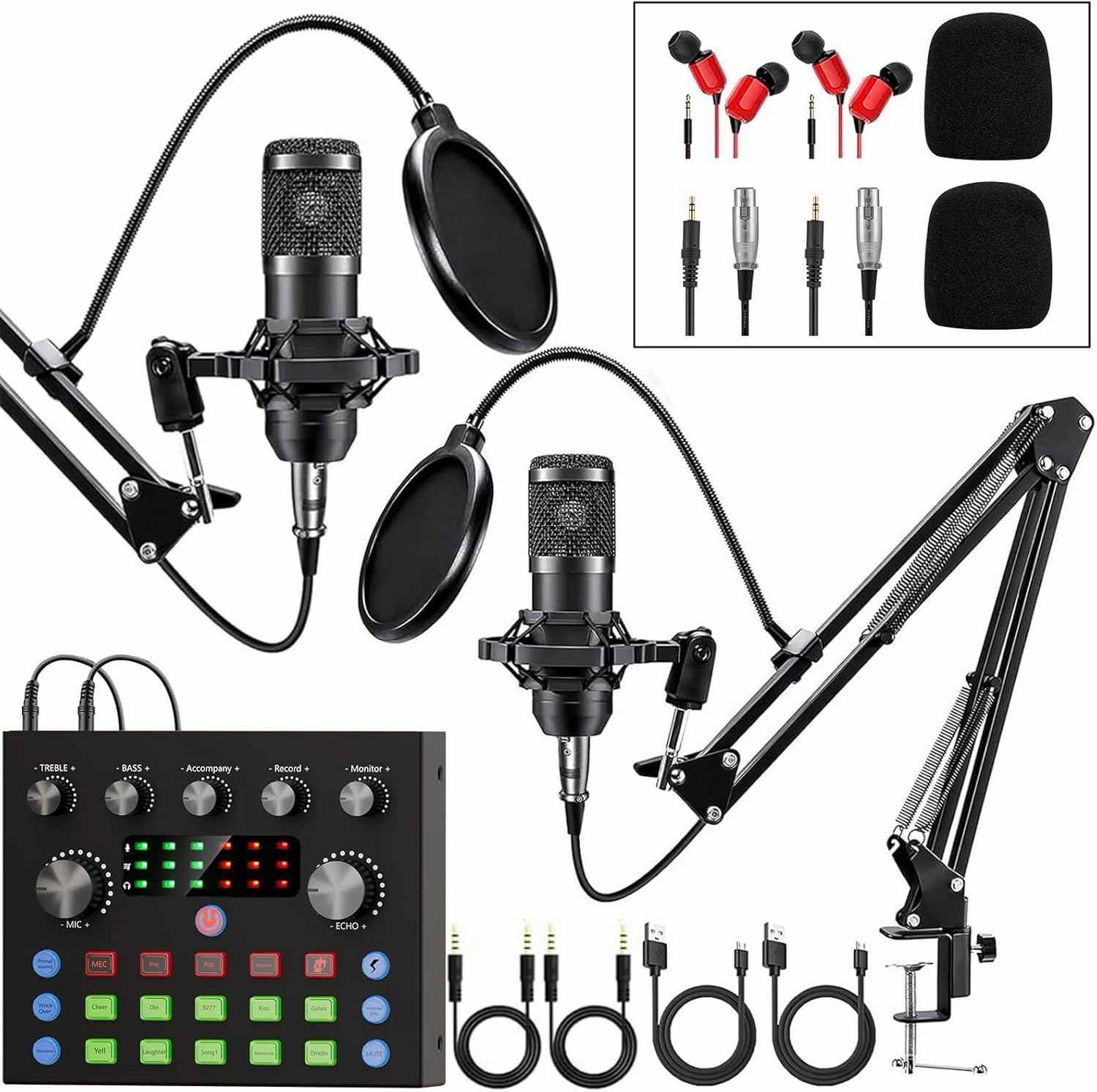 Podcast Equipment Bundle for 2, Audio Interface with Voice Changer Condenser Microphones for Gamer, All-in-One Audio Mixer Perfect for Live Streaming, Singing, YouTube, Gaming audio interface,USB interface,music recording input,