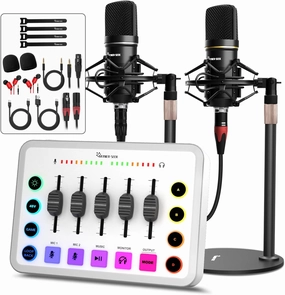 Podcast Equipment Bundle for 2, Streaming Audio Interface with 5 Channel, XLR Microphone Interface, RGB,48V Phantom Power, Perfect for Game,Podcast,Record,TikTok-White audio interface,USB interface,music recording input,