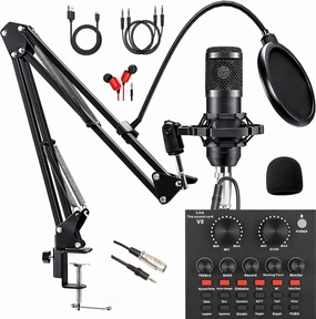 Podcast Equipment Bundle, with BM800 Podcast Microphone and V8 Sound Card, Voice Changer - Audio Interface -Perfect for Recording, Singing, Streaming and Gaming (V8-Black) audio interface,USB interface,music recording input,