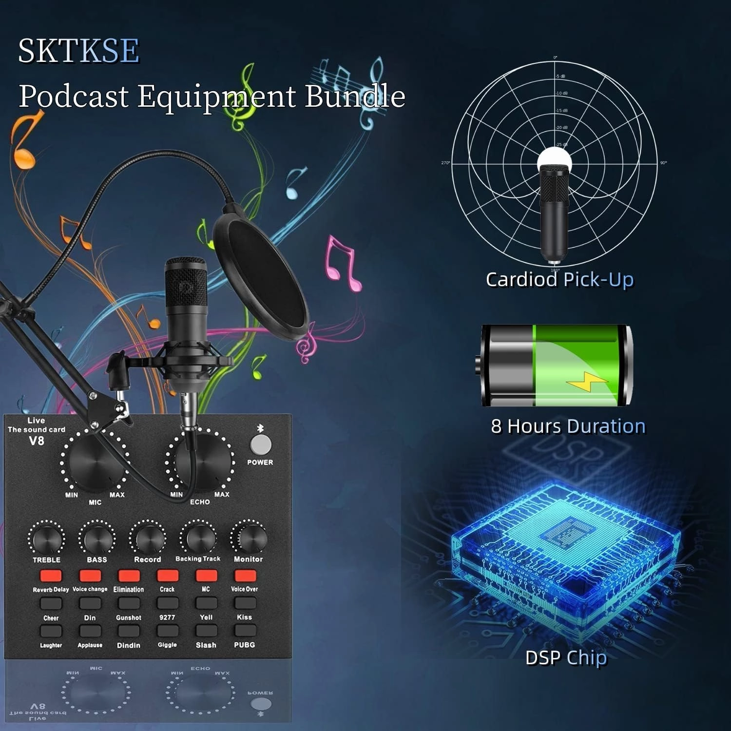 Podcast Equipment Bundle, with BM800 Podcast Microphone and V8 Sound Card, Voice Changer - Audio Interface -Perfect for Recording, Singing, Streaming and Gaming (V8-Black)