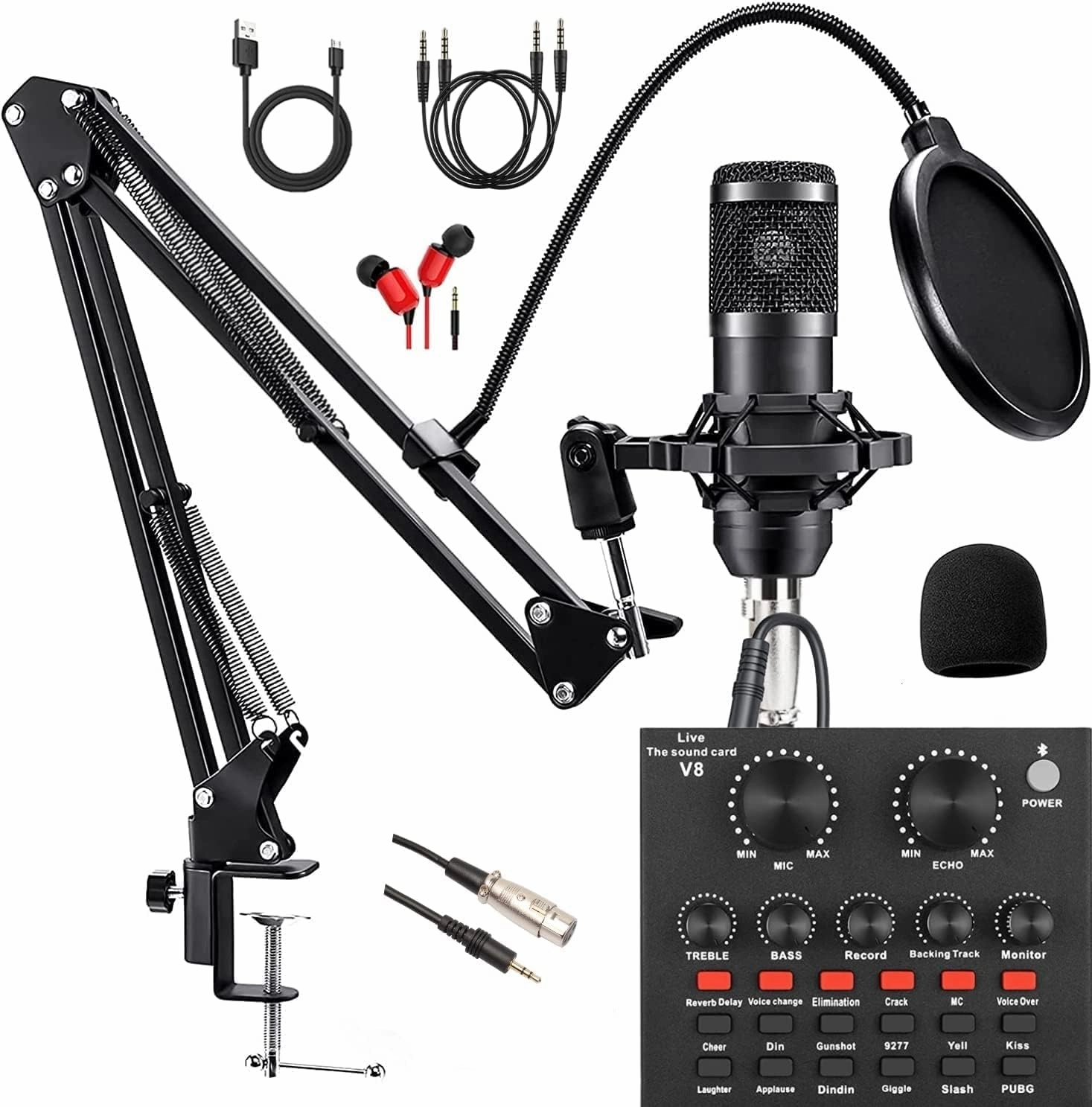 Podcast Equipment Bundle, with BM800 Podcast Microphone and V8 Sound Card, Voice Changer - Audio Interface -Perfect for Recording, Singing, Streaming and Gaming (V8-Black) audio interface,USB interface,music recording input,